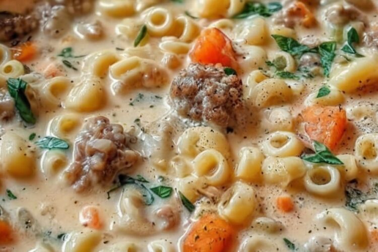 Creamy parmesan Italian sausage ditalini soup in a bowl