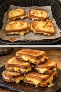 Air fryer grilled cheese sandwich cut in half with melted cheese