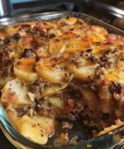 Hamburger potato casserole baked cheesy and golden