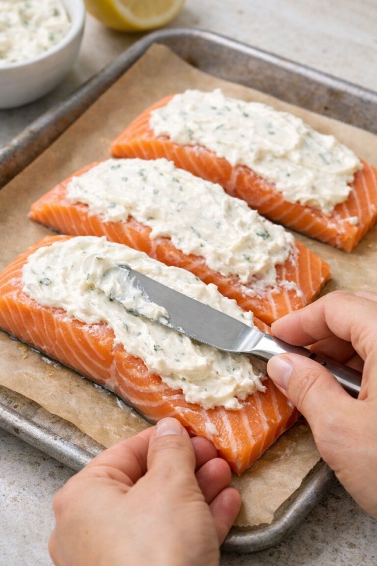 Low Carb Baked Salmon with Creamy Parmesan Topping